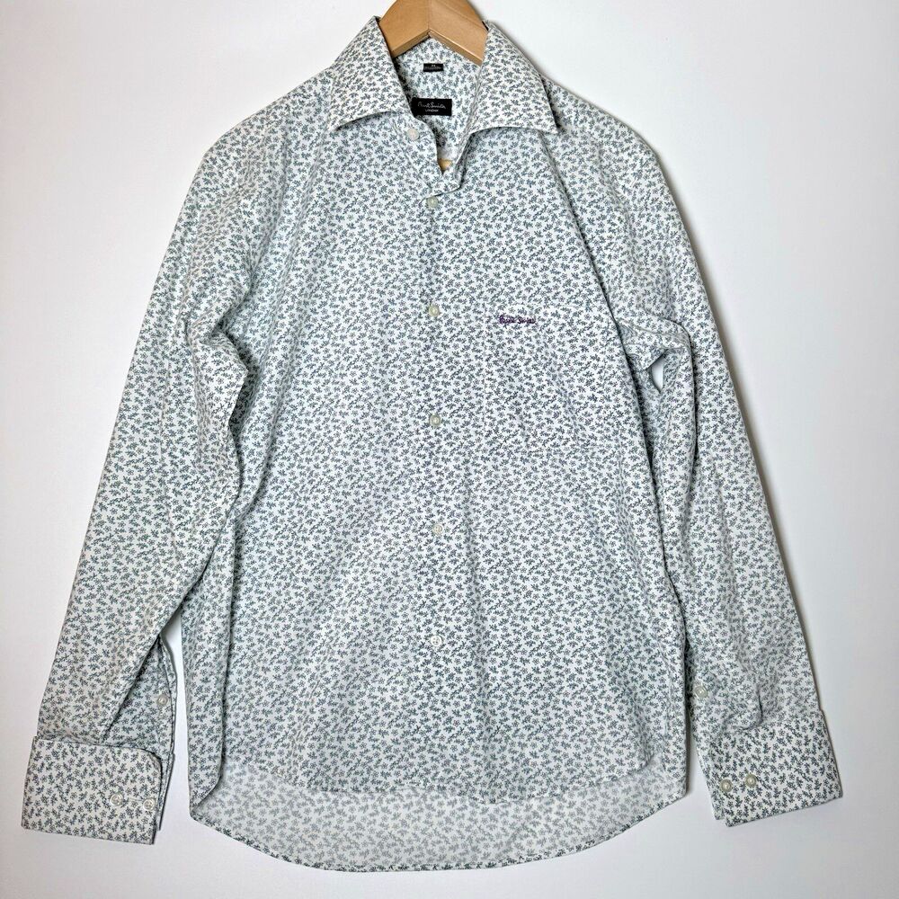 Paul Smith London Dress Shirt Men 39 Green Floral French Cuff Long Sleeve Preppy